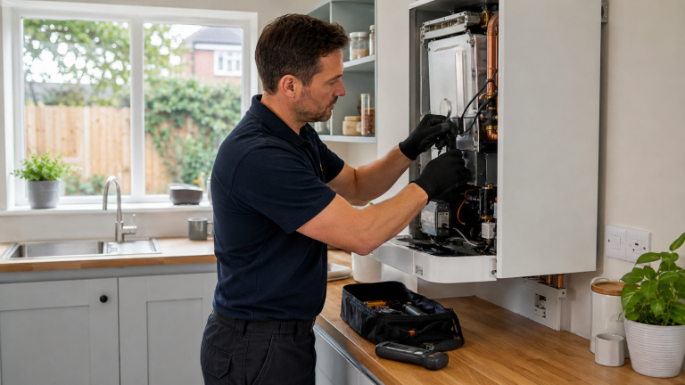 Engineer servicing a wall-mounted boiler in a kitchen