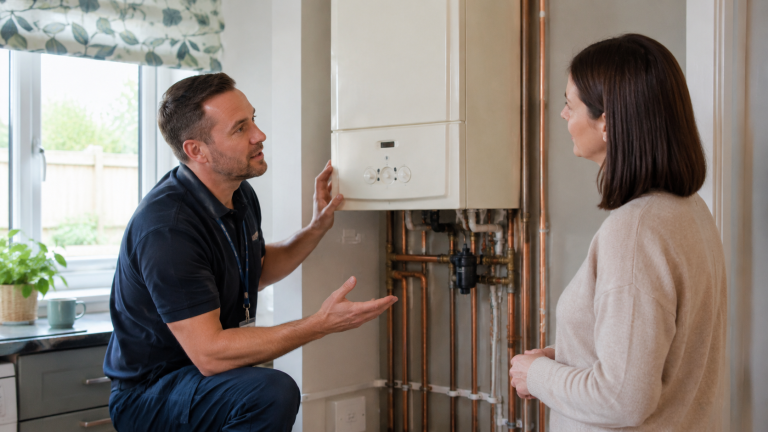 Engineer talking to a homeowner beside a new combi boiler