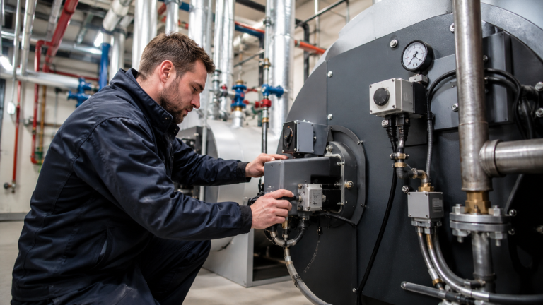 Engineer servicing a commercial boiler in a plant room